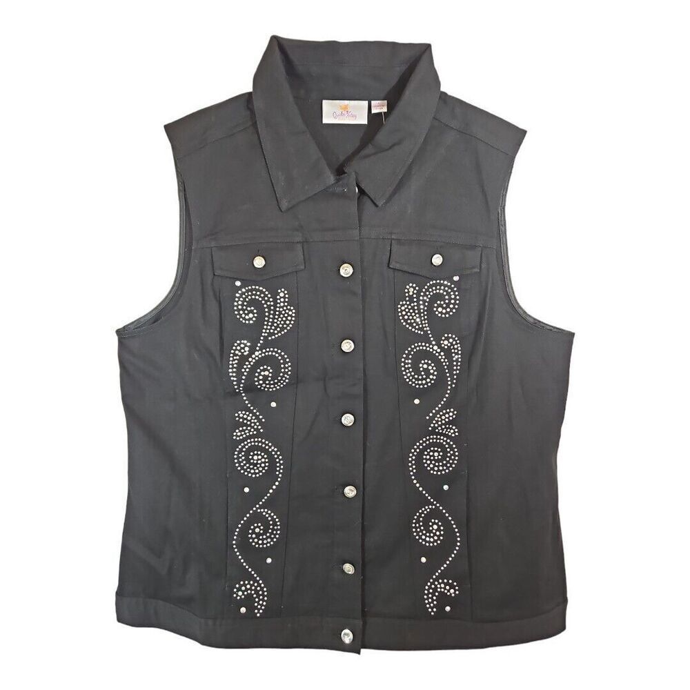 Quacker Factory Black Rhinestone Western Denim Style Vest Lg
